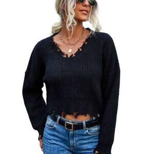 Shein Distressed Hem, Rib-Knit Sweater. V-Neck.